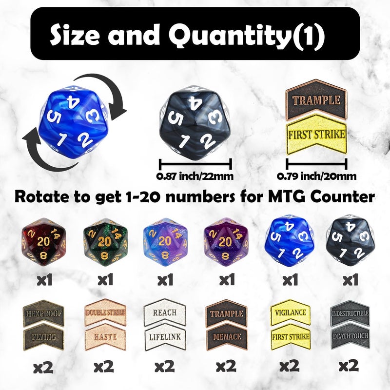 LAMJAM 66 PCS MTG Dice Counters Keyword Metal Tokens +1/+1 Shield Life Counter Dice Set Spindown D20 for MTG, TCG, Magic Cards Gaming Accessories - Image 3
